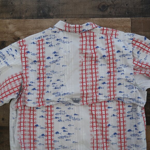 Columbia Sportswear Mens Large Gray Red Blue Fishing Shirt Back Flap - Picture 5 of 5